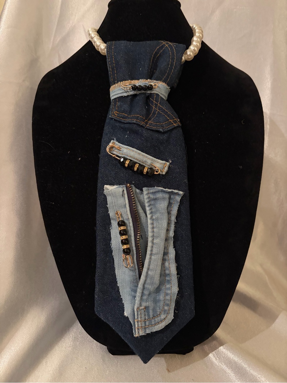 Dark Blue Denim Tie-Style Scarf with Light Blue Accents